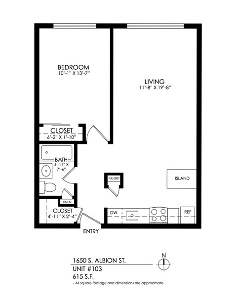Floor plan for 1 bed, 1 bath, 615 sqft
